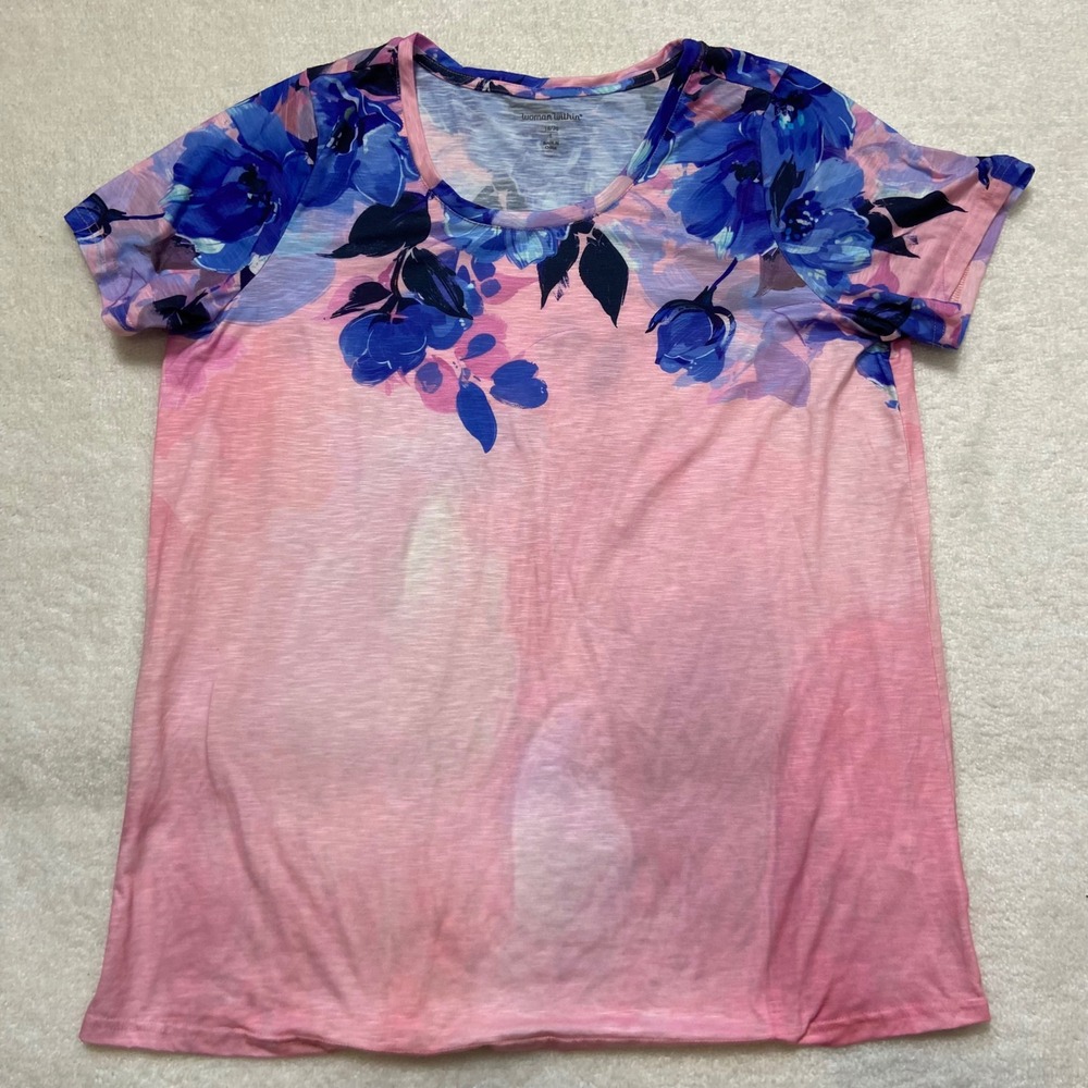 Woman Within Pink Blue Floral Ombre Slub Tee 18/20 L Short Sleeve Scoop Neck